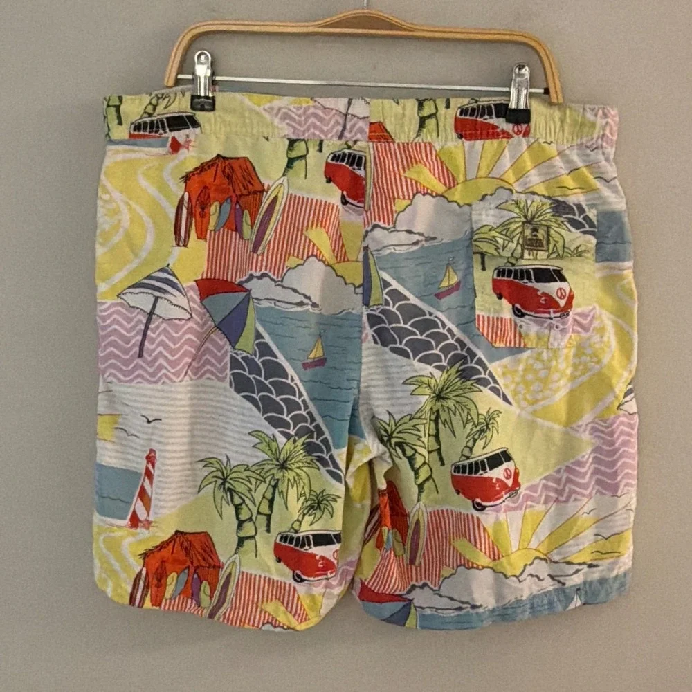 Peter Millar Men Large Swim Trunk VW Bus Beach Scene Multicolor Nylon Mesh Lined